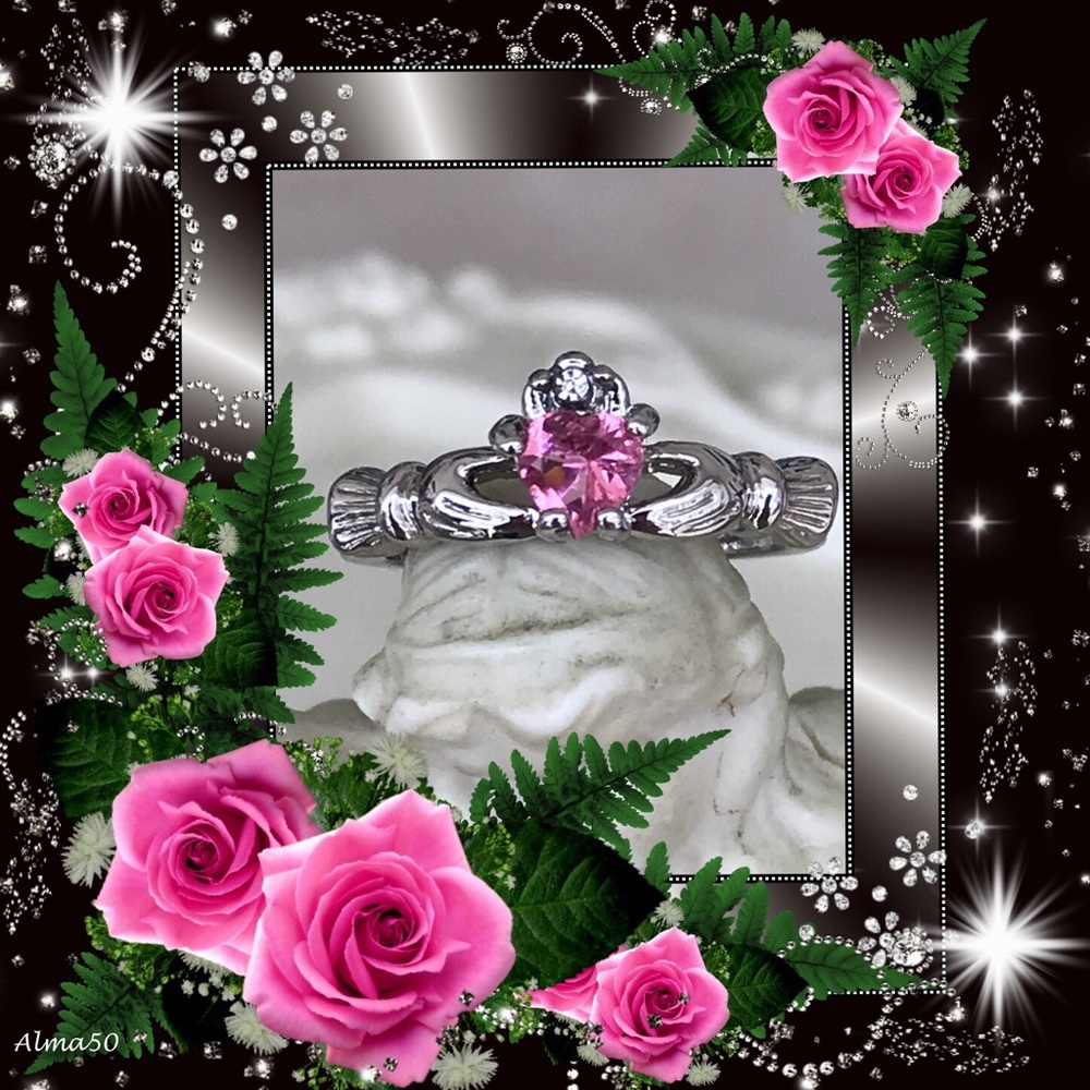 🌺🌴SILVER AND PINK TOPAZ CLADDAGH RING 🌴🌺 - Picture 2 of 3
